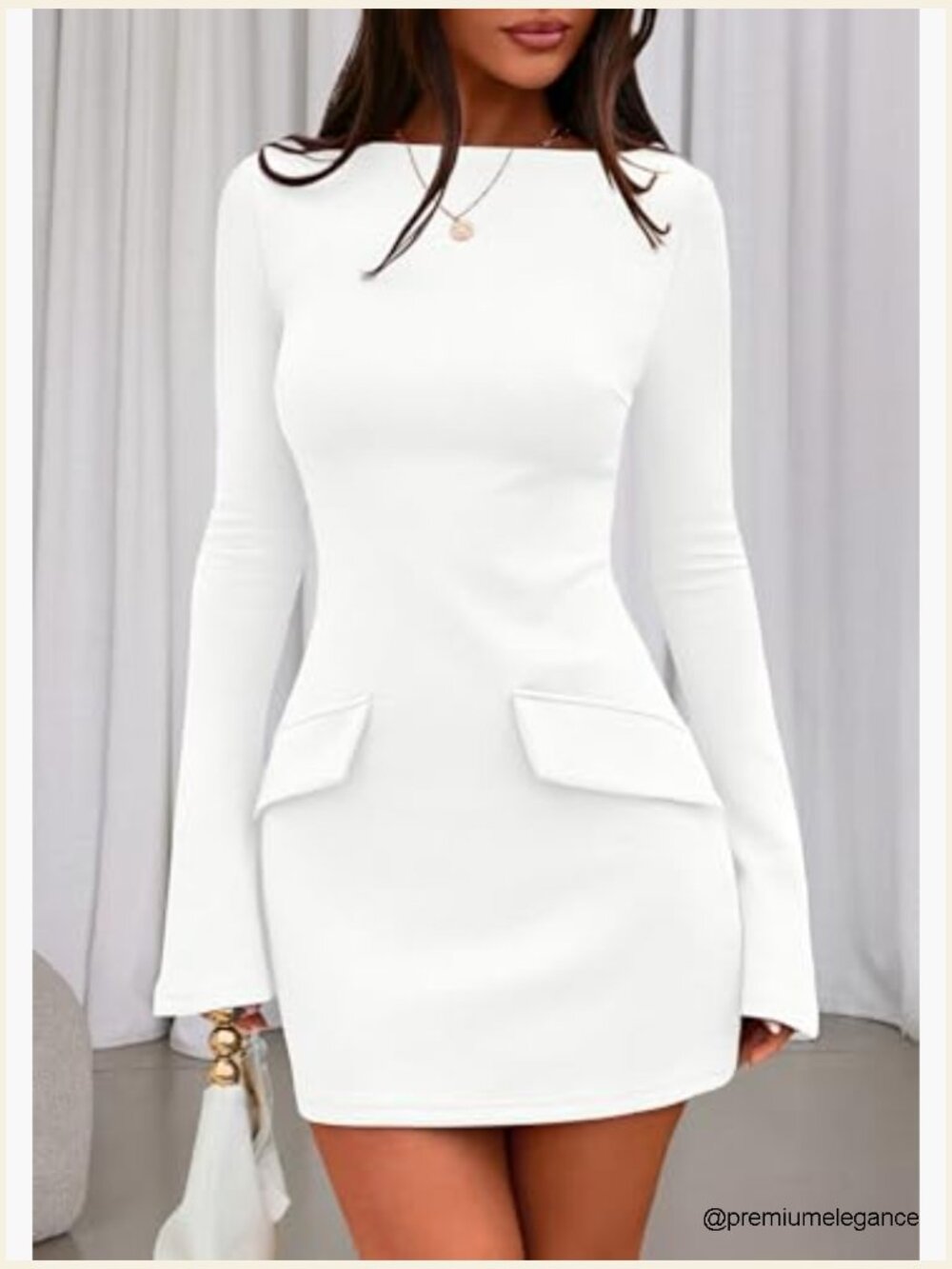Long Sleeve Bodycon Mini Dress Boat Neck Knit Elegant Party Formal - Picture 4 of 7